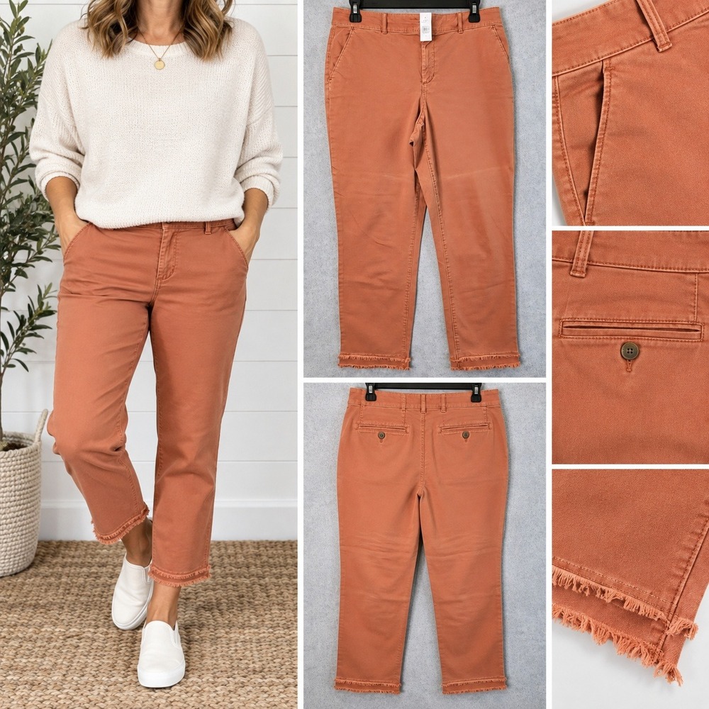 Ann Taylor Loft Girlfriend Chino Pants Burnt Orange Rust Raw Hem Ankle Size 14